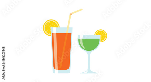 Two glasses of refreshing colorful beverages with lemon slices and a straw representing summer drinks and relaxation.