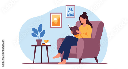 Young woman sitting comfortably in a purple armchair reading a book in a cozy room with plants and wall art decorations.