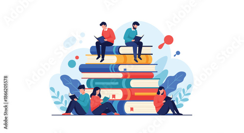 Group of diverse people sitting and reading books around a massive stack of oversized books to represent education and knowledge.