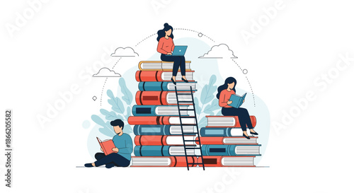 People using a giant stack of books with a ladder to symbolize reaching higher education goals and extensive learning.