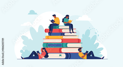 Group of diverse people enjoying their time reading books while sitting on and around a massive stack of colorful textbooks in a garden.