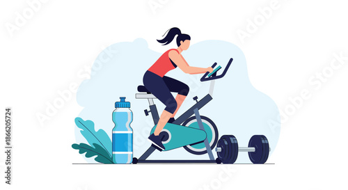 Athletic woman exercising on a stationary bike in a gym setting with a large water bottle and heavy dumbbells nearby for a full workout.