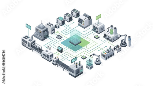 Isometric illustration of a microchip surrounded by industrial machinery and infrastructure.