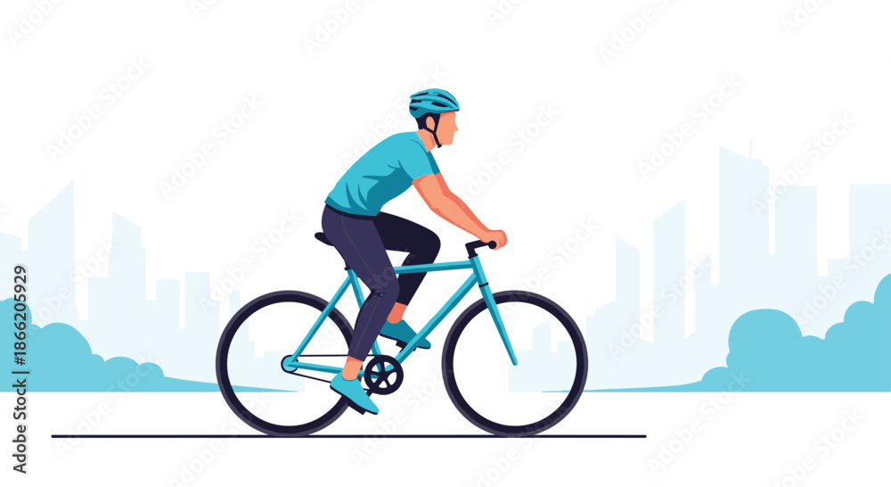 Fototapeta premium Male cyclist riding a blue bicycle through an urban landscape with a city skyline background for fitness and transportation.
