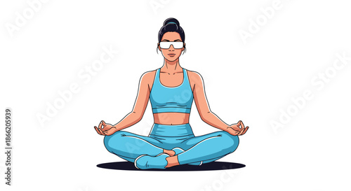 Woman practicing yoga and meditation in a blue fitness outfit while wearing futuristic high-tech glasses for virtual reality.
