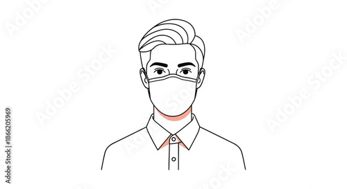 Simple line drawing of a man wearing a protective face mask for health, safety, and hygiene purposes in public areas.