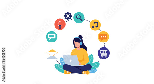 Woman using a laptop while being connected to a variety of digital services and online activities represented by icons.