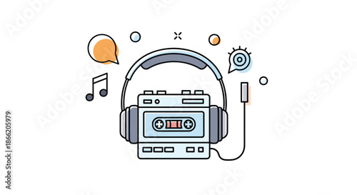Vintage cassette tape player with headphones and musical notes, representing retro audio technology and music enjoyment.