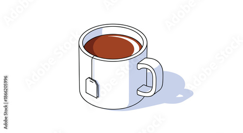 Isometric illustration of a white ceramic mug filled with a hot beverage like tea or coffee with a tea bag.