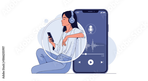 Young woman listening to an audio podcast or music from a giant smartphone while relaxing and using her mobile device.