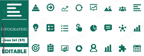 Modern infographic icon set with charts, graphs, process, flow and data elements. Clean editable vector icons for business reports, dashboards, presentations and web design.