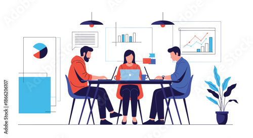 Diverse team of colleagues collaborating and working together on laptops in a creative and modern office workspace.