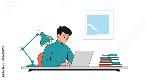 Focused man sitting at his workstation using a laptop computer next to a stack of books and a desk lamp for lighting.