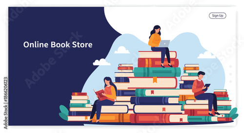 Concept of an online book store platform showing people enjoying literature while sitting on large stacks of colorful books.