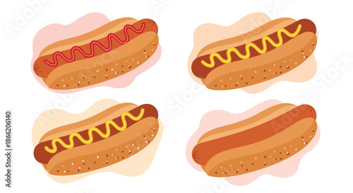 Set of four delicious hot dogs in buns with various toppings like ketchup and mustard on a decorative background.