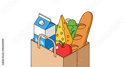 Brown paper grocery bag packed with fresh food items including milk, cheese, bread, a red apple, and green vegetables.