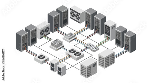 Data center infrastructure with servers and network connections.