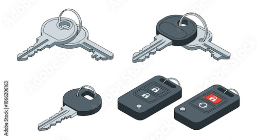 Set of various metal door keys and modern electronic car key fobs used for home security, access, and vehicle ignition.