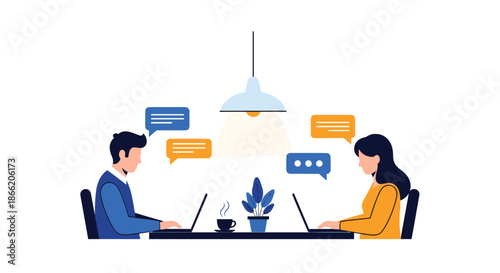 Colleagues collaborating on their laptops while having a digital conversation represented by colorful speech bubbles in a shared office.