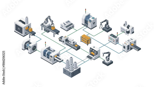 Industrial manufacturing process workflow with robotic machinery and equipment.