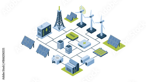 Renewable Energy Infrastructure with Solar Panels and Wind Turbines.