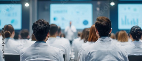 Rear view of doctors and medical professionals attending a professional qualification improvement symposium or retraining conference, listening to a lecture on healthcare updates.
