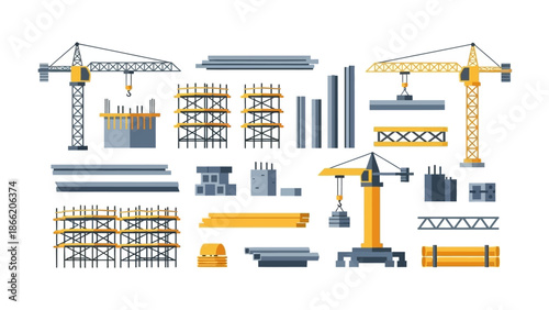 Construction site elements including cranes and scaffolding.
