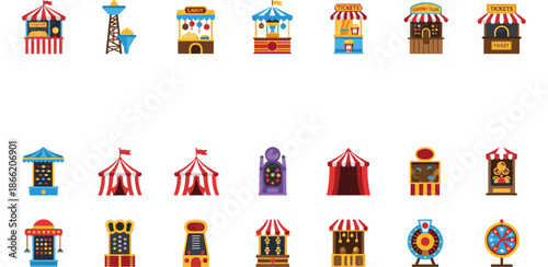 Carnival and Circus Booth Vector Icon Set Featuring Game Stalls, Ticket Kiosks, Funfair Attractions, and Amusement Park Buildings in Flat Style