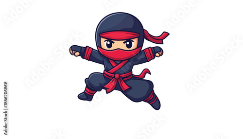 Cartoon Ninja Character in Action Pose with Red Mask and Belt.