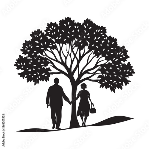 Elderly Couple Walking Beneath Banyan Tree Silhouette