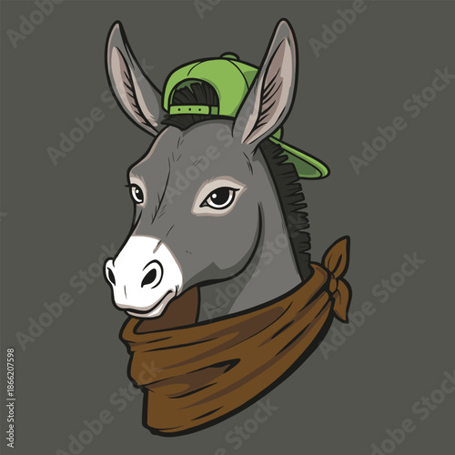 Tough Donkey Mascot Character Wearing Green Baseball Cap and Brown Bandana