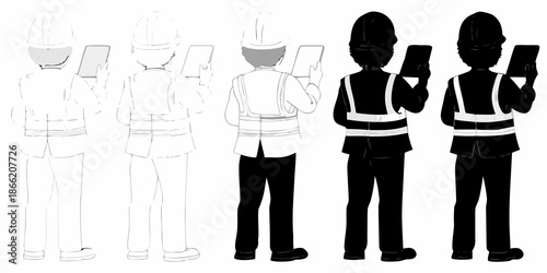 Construction workers using tablets a sequence of views from side and back