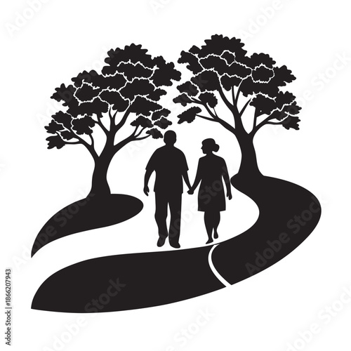 Morning Oak Tree Trail Elderly Walking Silhouette