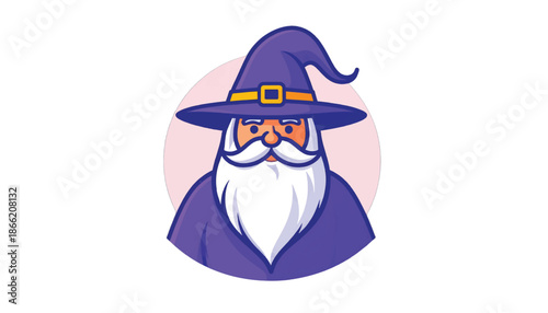 Cartoon Wizard with Pointed Hat and Long White Beard Illustration.