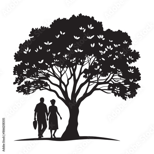Senior Couple Strolling Under Banyan Tree Silhouette