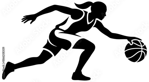 Basketball illustration. Representing a female player dribbling the ball while running during a game action.