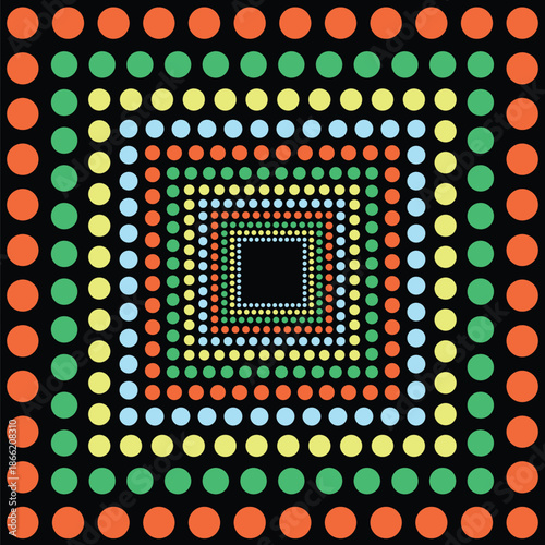 Visual effect created by squares of neon orange, green, pale yellow and blue circles on a black background, getting progressively smaller