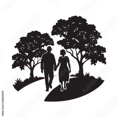 Senior Duo Walking Along Oak Tree Path Silhouette