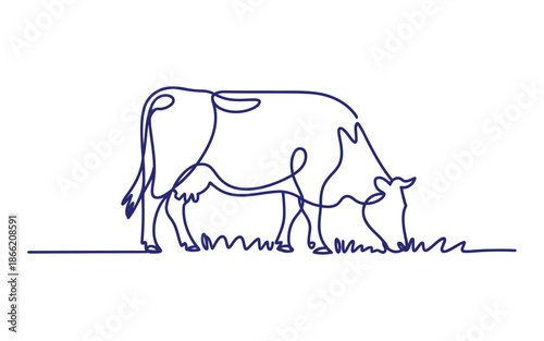 A blue line of a cow grazing on grass with a wavy ground line blue outline animal