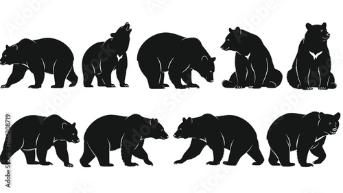 Black bear silhouettes collection showing wild animal poses isolated on white background vector illustration wildlife nature forest design elements set