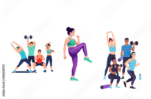 Flat illustration of people stretching and warming up, promoting fitness, flexibility, healthy lifestyle, and physical activity.