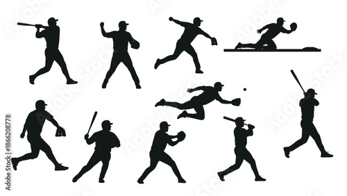 Baseball player silhouettes collection showing batting pitching catching actions isolated on white background vector illustration sport design elements set