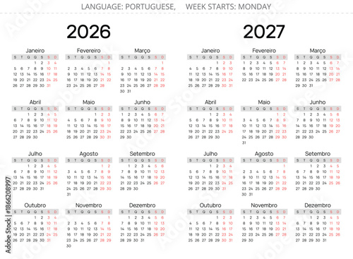 Portuguese calendar for 2027 and 2026 year. Vector illustration Portugal