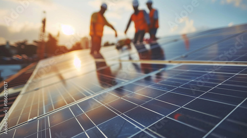 Workers installing solar panels on rooftop during sunset, showcasing teamwork and renewable energy commitment. Ideal for solar technology promotions, renewable energy education