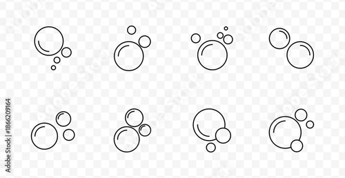 Bubble design set icon. Circular formations in various cluster sizes visually express air, water, soap, or fizz concepts using minimal rounded outline style