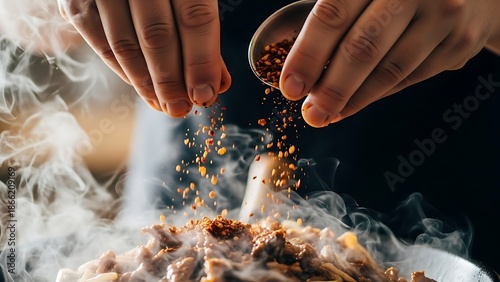 Chef seasoning hot dish with spices.