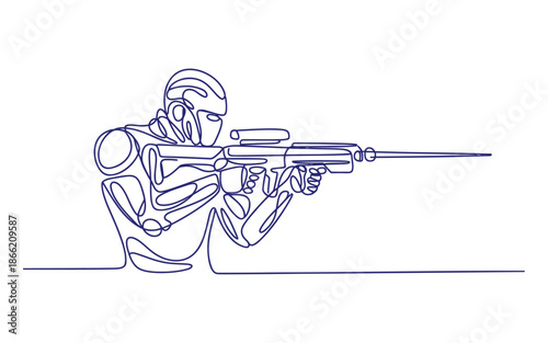 A person in a crouching position holding a rifle with a scope aimed forward aiming