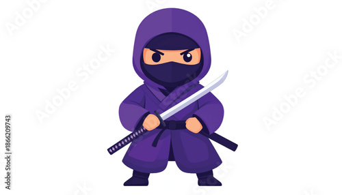 Cartoon Ninja Warrior with Katana Ready for Action.