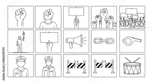 Collection of protest and social justice icons, including raised fists, signs, megaphones, police, and barricades, all in clean line art isolated on