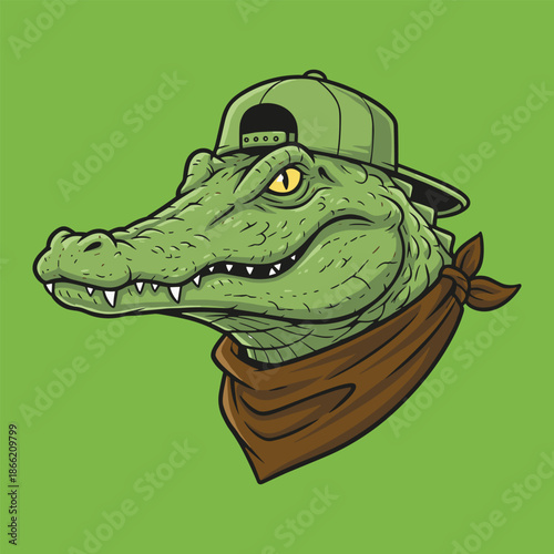 Cool Alligator Head with Backward Cap and Bandana